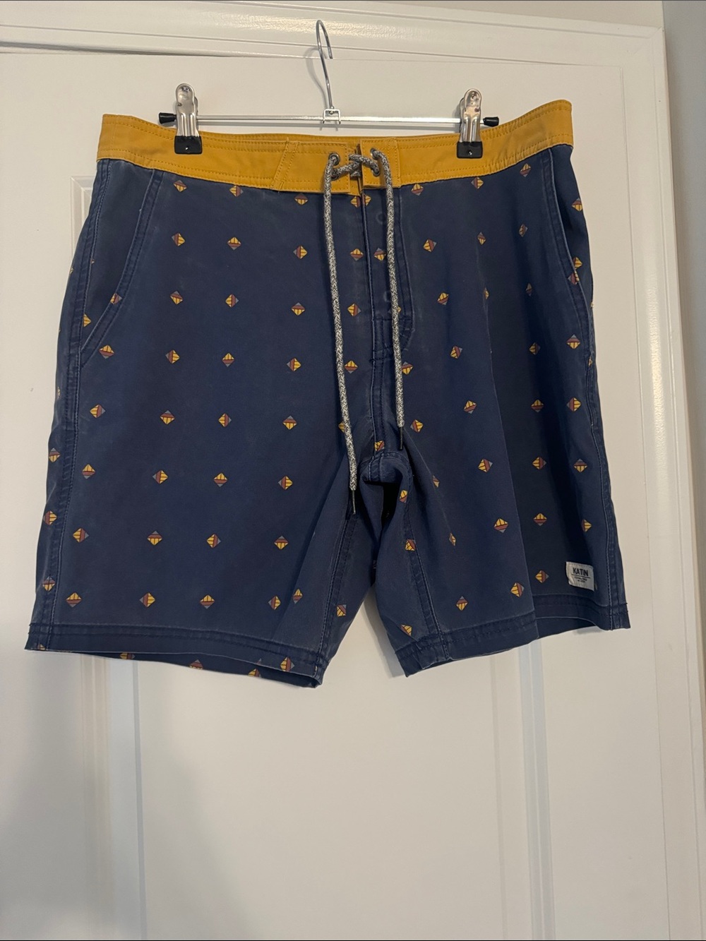 NWOT! Katin Navy Swim Trunks with Mustard Waistband and Subtle Diamond Print